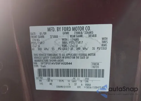 2009 Ford F-150 Fx4/Lariat/Xl/Xlt из США, поврежденный, VIN 1FTPX14V59FA52644